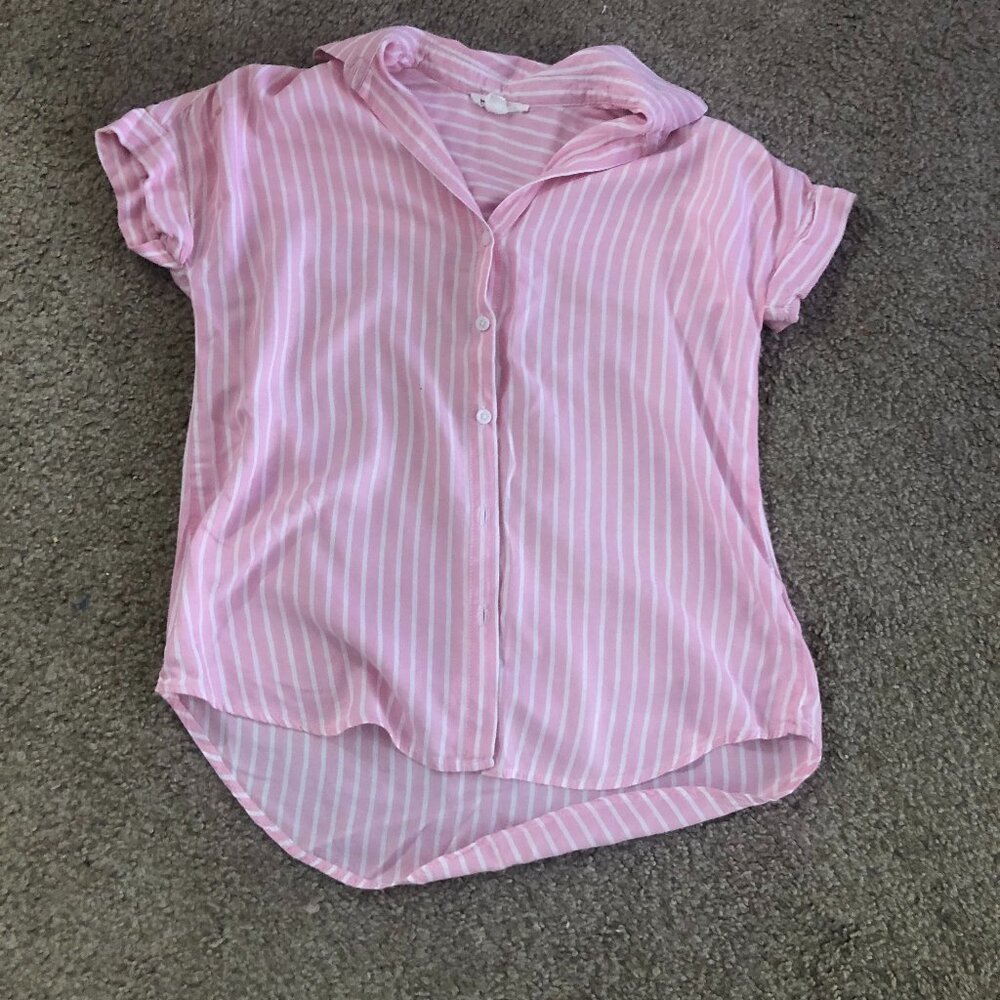 Beach Lunch Lounge Pink White Striped ButtonDown Shirt Collar Beachy  XS - Picture 4 of 6